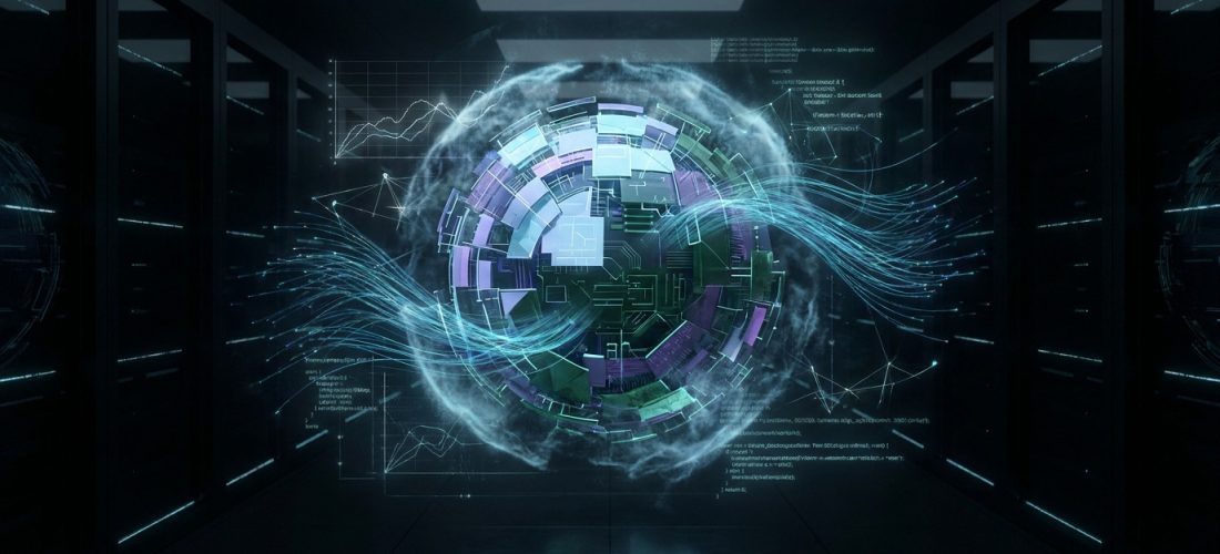 Sphère de données lumineuse dans un centre de serveurs, avec flux d'informations, code et graphiques. Représente l'analyse de risques et la fiabilité.