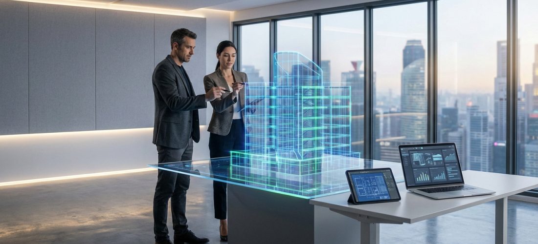 Deux architectes examinent un modèle holographique 3D d'un bâtiment moderne, avec vue sur une ville et outils numériques.