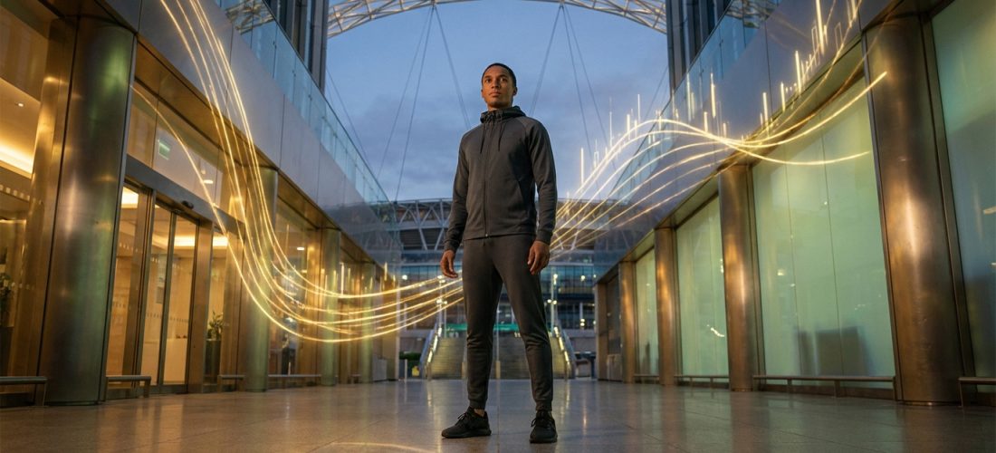 Jeune homme en tenue de sport sombre, debout dans un hall moderne avec des flux lumineux dorés et l'arche de Wembley en arrière-plan.