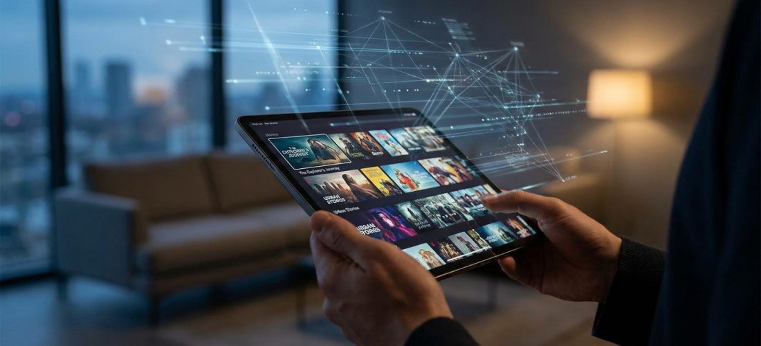 Mains tenant une tablette affichant un service de streaming, avec des hologrammes de données. Fond de salon moderne.