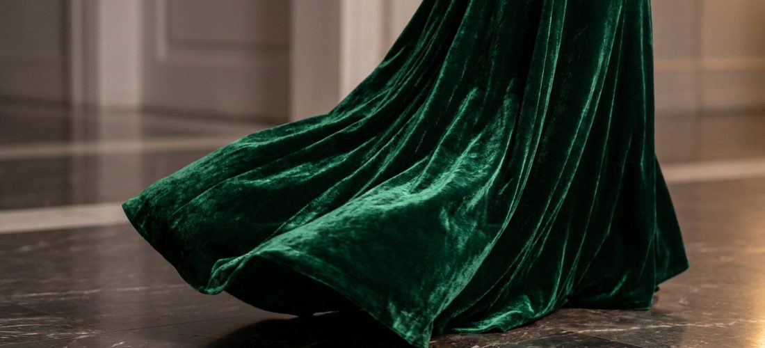 Gros plan sur le bas d'une robe de soirée en velours vert émeraude avec une traîne élégante sur un sol en marbre.