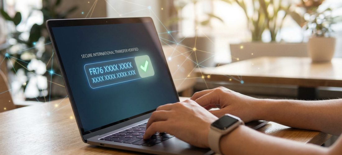 Personne saisissant un IBAN sur un ordinateur portable, avec l'écran affichant une vérification de virement international sécurisé.