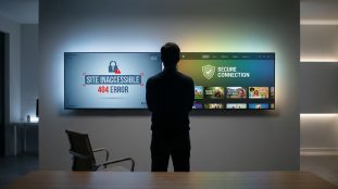 Un homme devant deux écrans : l'un indique une erreur 404 et site inaccessible, l'autre une connexion sécurisée et du contenu.