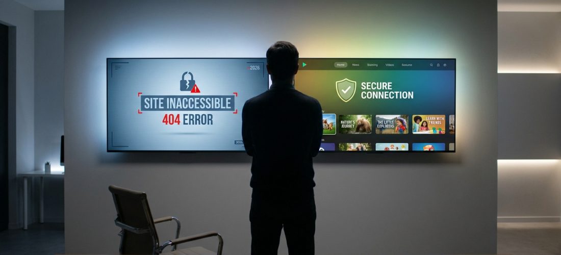 Un homme devant deux écrans : l'un indique une erreur 404 et site inaccessible, l'autre une connexion sécurisée et du contenu.