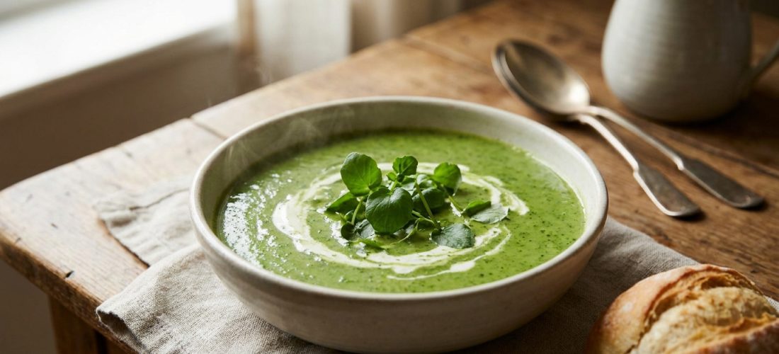 Un bol de velouté de cresson vert fumant décoré d'un tourbillon de crème et de feuilles fraîches sur une table en bois.
